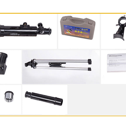 Telescope components including a tube, tripod, eyepieces, and accessories on a white background.