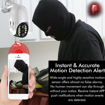 A promotional graphic for a motion detection alarm system showing a person in a black balaclava and black hoodie, a white security camera, a hand holding a smartphone displaying the alarm alert, and text reading 'Instant & Accurate Motion Detection Alert'.