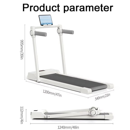 Compact treadmill with dimensions labeled on a white background