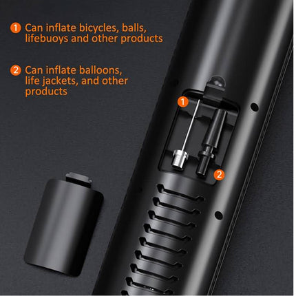 Close-up of a black inflatable pump accessory with its cap removed, showing a valve connector and orange text listing products it can inflate, on a dark background.