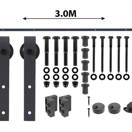 Barn door hardware kit with brackets, screws, and other components on a white background.