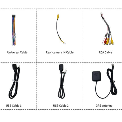 Set of car cables including Universal Cable, Rear camera IN Cable, RCA Cable, USB Cable 1, USB Cable 2, and GPS antenna on a white background.