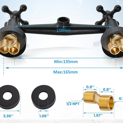 Technical diagram of plumbing components with measurements on a light blue background