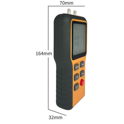 A handheld digital measuring device with a black and orange body, shown with dimension labels indicating 70mm width, 164mm height, and 32mm depth on a white background.