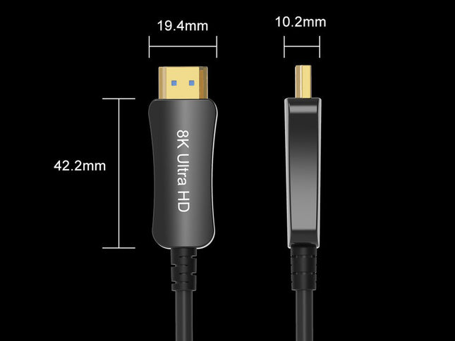Black HDMI cable with dimension annotations showing a 19.4mm width, 42.