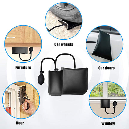 Black inflatable car door and window air pump kit with a black hand pump bulb, shown in the center with five circular inset photos demonstrating use on car wheels, furniture, car doors, a door, and a window.