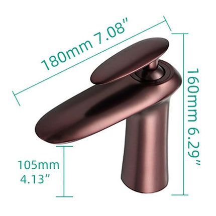 A single-handle bathroom faucet shown on a white background with teal dimension lines and text indicating 180mm width, 160mm height, and 105mm depth.