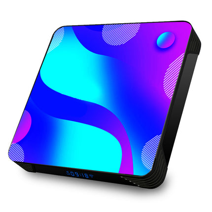 A square black electronic device with rounded corners, featuring a vibrant blue, purple, and cyan abstract graphic display on its front face, shown on a plain white background.