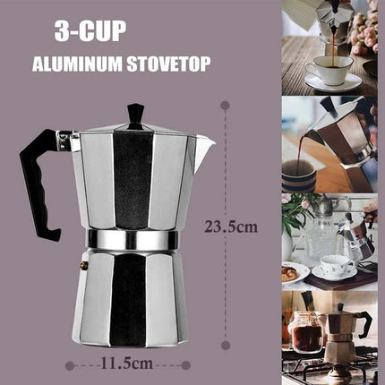 Stainless steel espresso maker with dimensions and usage scenarios on a purple background