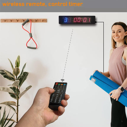 Person using a remote control with a digital timer and resistance band on a white background