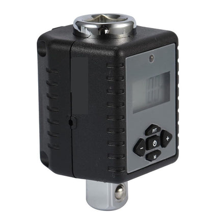 Black electronic device with digital display and control buttons on a white background