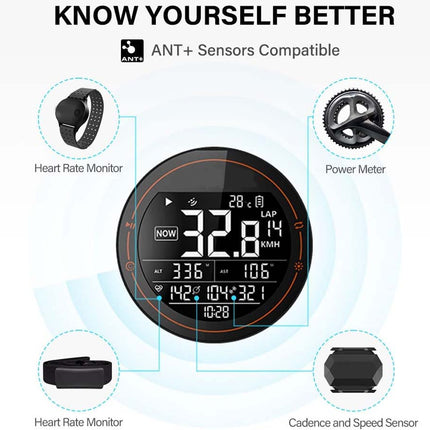 Digital display with heart rate monitor, power meter, and cadence/speed sensor icons on a white background.