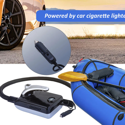 Inflatable kayak with pump and car cigarette lighter adapter, set against a blurred car and road background.