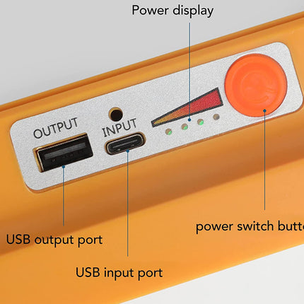 Close-up of a power adapter with labeled USB output, input ports, and power switch button.