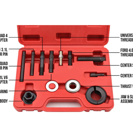 Red tool kit with labeled components on a white background
