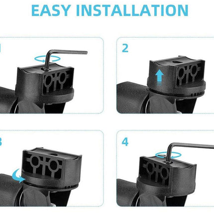 Step-by-step installation guide for a black mechanical component on a white background
