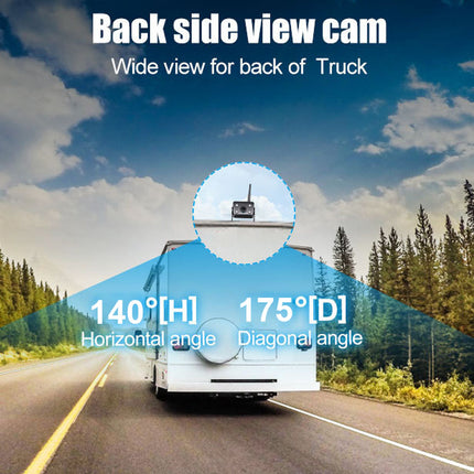 Back side view camera for trucks with a scenic road and trees in the background