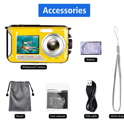 Collection of accessories including a waterproof camera, battery, pouch, USB cable, wrist strap, and user manual on a white background.