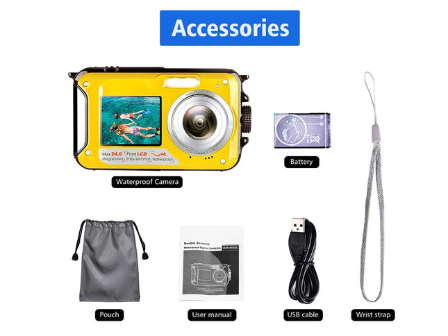 Collection of accessories including a waterproof camera, battery, pouch, USB cable, wrist strap, and user manual on a white background.