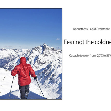 Person in a red jacket skiing on a snowy mountain with text about product robustness and temperature range.