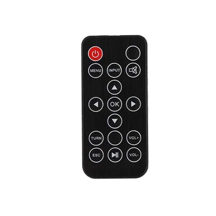 Black remote control with white buttons on a white background