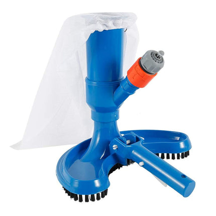 Blue pool cleaning tool with brush and hose on a white background