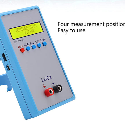 Electronic measurement device with a blue stand on a white background