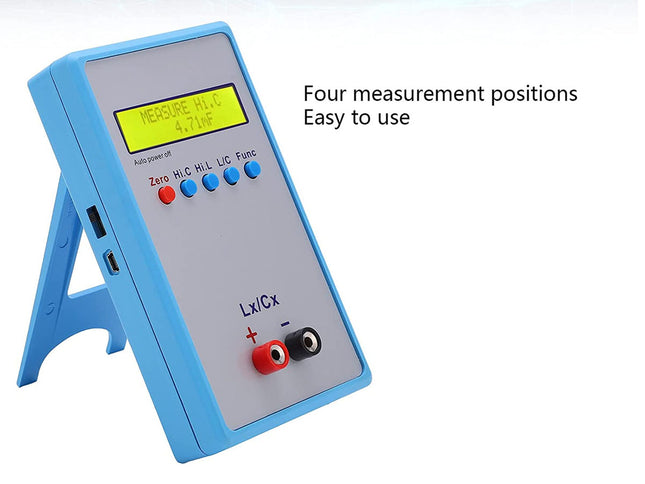 Electronic measurement device with a blue stand on a white background