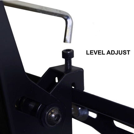 Black metal bracket with level adjust feature on a white background