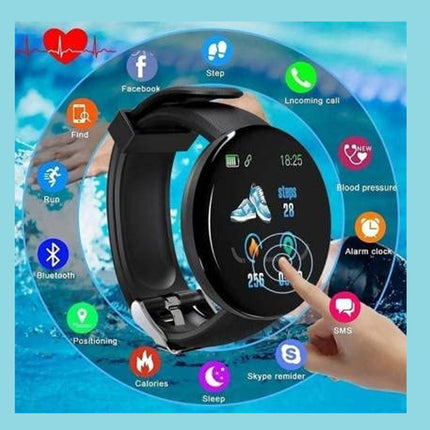 Smartwatch with various app icons displayed on a blue background