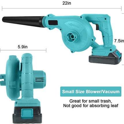 Turquoise cordless blower/vacuum with dimensions and text on a white background