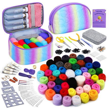 A comprehensive needlework kit displayed on a clean white background, featuring a rainbow-striped zippered case shown open and closed, filled with thread and cotton pads. The kit also includes a large assortment of colorful wool yarn balls, embroidery floss, metal needles, scissors, pins, templates, and other crafting tools, all arranged neatly.