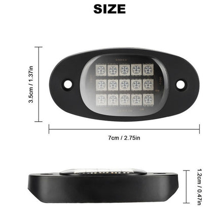 Measurement chart of a black LED light with dimensions on a white background