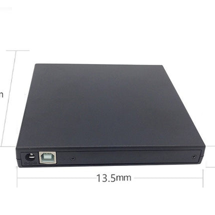 Black external USB drive with dimensions labeled on a white background