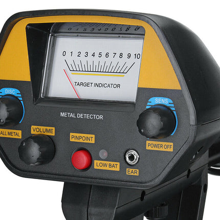 Metal detector with control panel and indicator screen on a white background