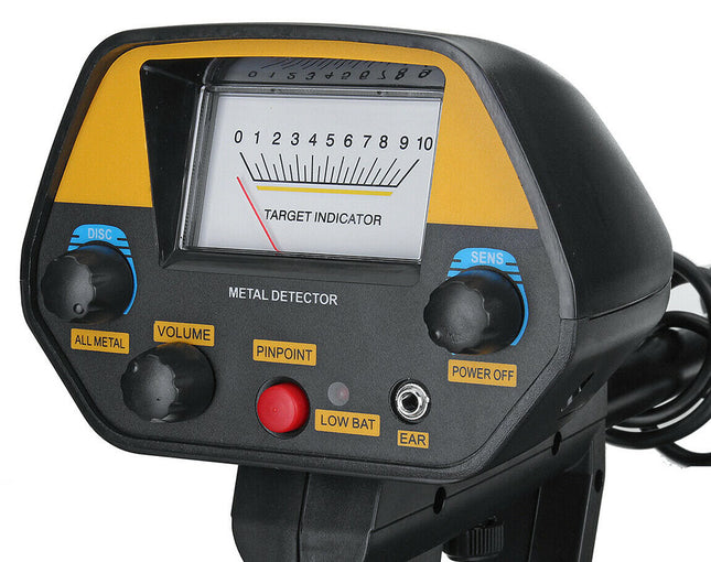 Metal detector with control panel and indicator screen on a white background