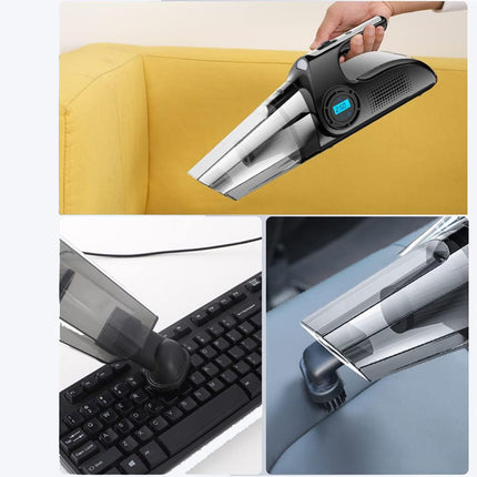 A cordless handheld vacuum cleaner shown in three inset usage scenes: being held over a yellow sofa, vacuuming a black keyboard, and cleaning a curved gray surface. The vacuum has a black and silver body with a small blue display window.