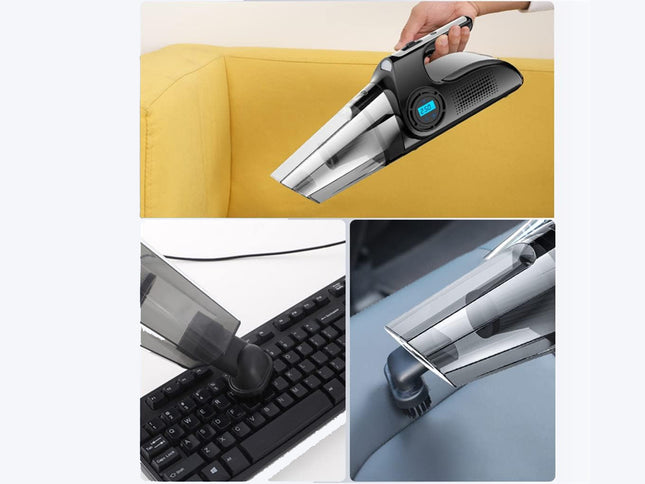 A cordless handheld vacuum cleaner shown in three inset usage scenes: being held over a yellow sofa, vacuuming a black keyboard, and cleaning a curved gray surface. The vacuum has a black and silver body with a small blue display window.