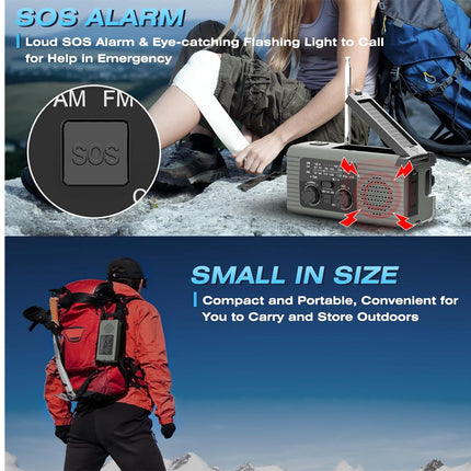A promotional graphic for a portable SOS alarm radio. The top half shows a woman outdoors next to the gray and black handheld device, with text highlighting SOS alarm and eye-catching flashing light.