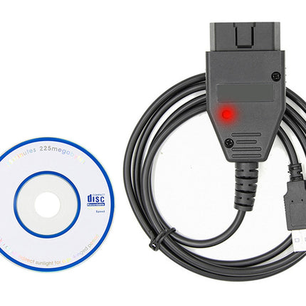 OBDII diagnostic cable with a CD on a white background