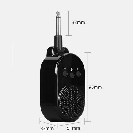 A small black portable speaker with an antenna, shown with dimension labels indicating 32mm antenna height, 96mm total height, 33mm width, and 51mm front depth on a light gray background.