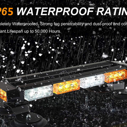 LED warning light bar with IP65 waterproof rating text on a dark background