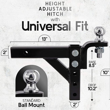 Height adjustable hitch with universal fit on a gray background