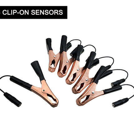 Set of six clip-on sensors on a white background with '6 Clip-On Sensors' text above.