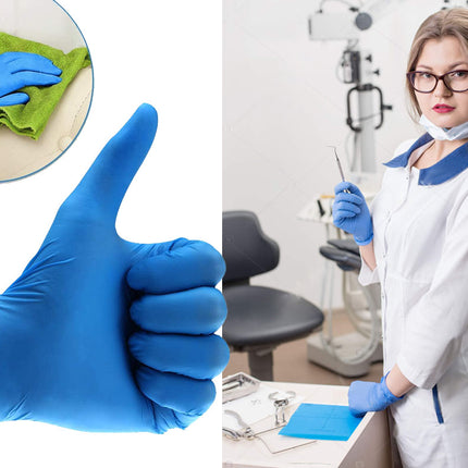 Hand giving a thumbs up with blue gloves, close-up of cleaning cloth, and dental professional in white coat and blue gloves.
