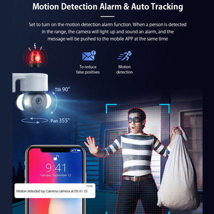 Promotional graphic for a motion detection alarm camera with auto-tracking feature. The image shows a white dome security camera, a smartphone displaying a motion alert notification, and a man in a striped shirt holding a bag in a dark room, with text explaining the motion detection, tilt, and pan capabilities.