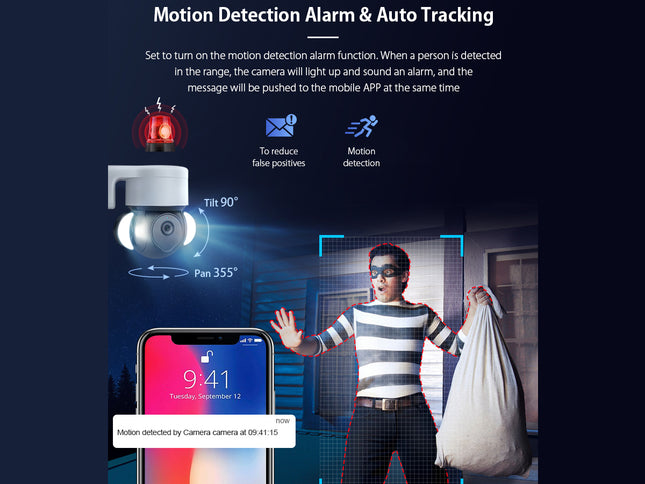 Promotional graphic for a motion detection alarm camera with auto-tracking feature. The image shows a white dome security camera, a smartphone displaying a motion alert notification, and a man in a striped shirt holding a bag in a dark room, with text explaining the motion detection, tilt, and pan capabilities.