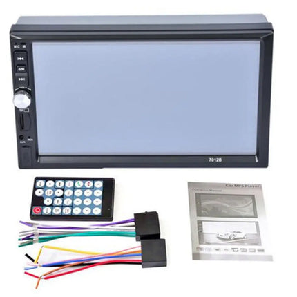 A black car stereo head unit with a large screen, shown with a remote control, wiring harness, and instruction booklet on a white background.