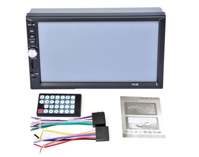 A black car stereo head unit with a large screen, shown with a remote control, wiring harness, and instruction booklet on a white background.