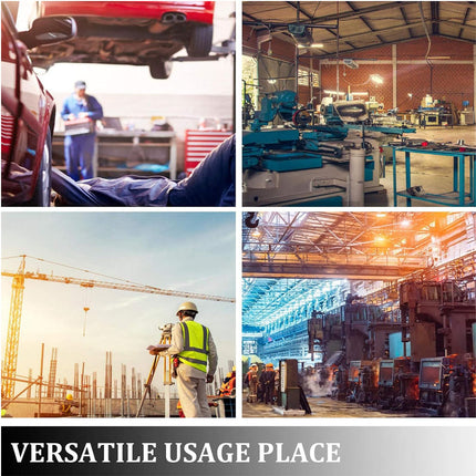 A four-panel collage showing industrial and workshop scenes: a worker under a red vehicle, machinery in a factory, a construction worker with a crane at sunset, and a large steel mill interior. Text at the bottom reads 'VERSATILE USAGE PLACE'.